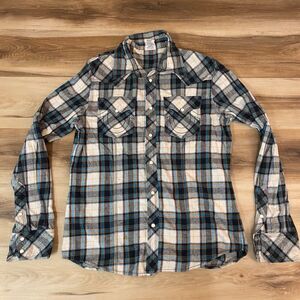 True Religion Western Shirt Mens XL Pearl Snap Blue Plaid Flannel Pockets Cotton
